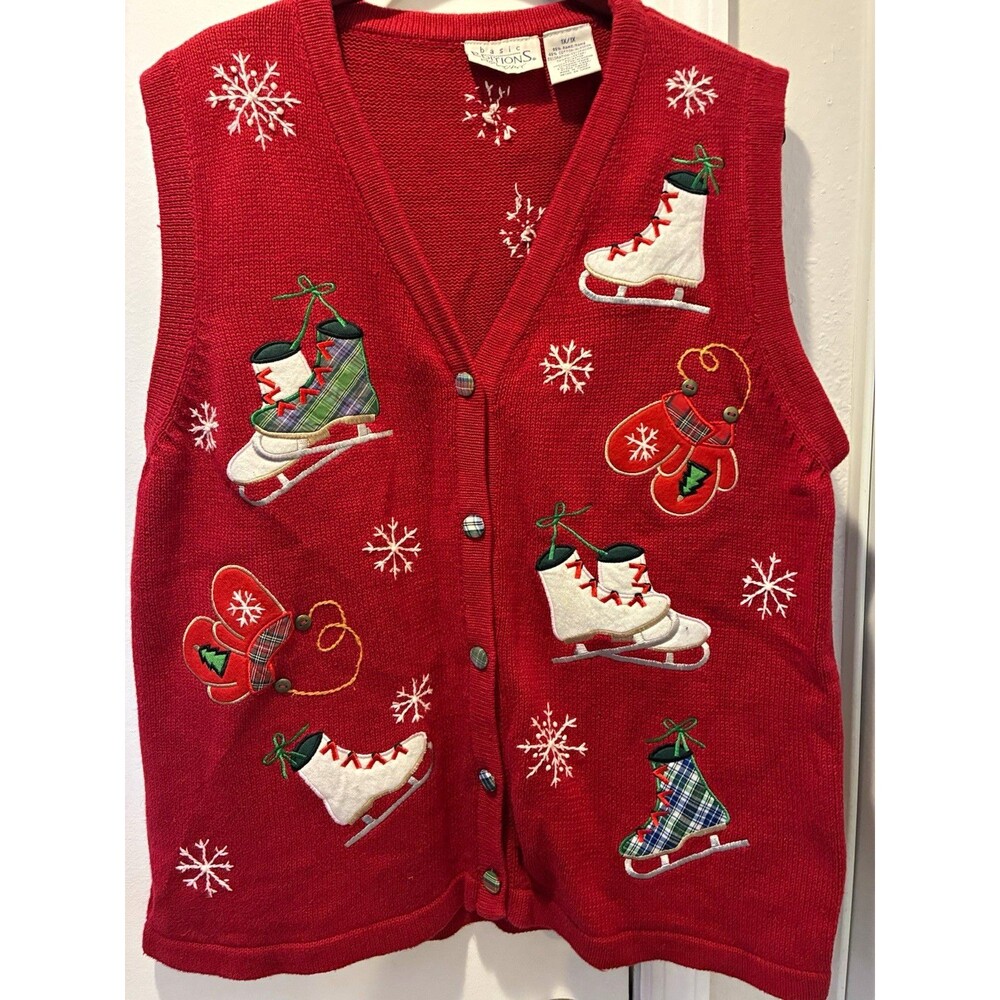 Basic Editions holiday  1X Knit Button-Front Embroidered Christmas SnowflakeVest